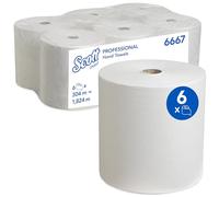 Scott Essuie-Mains Roulés 6667, 1 Épaisseur, Blanc, Ultra Absorbants, Certifiés Contact Alimentaire, Idéal pour Zones Sanitaires à Forte Fréquentation, 6 Rouleaux x 304 m (1 824 m au Total)