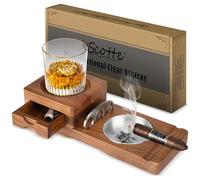 Scotte Cendrier, plateau en bois pour verres à whisky et cendrier en bois avec coupe-cigares, comprenant un tiroir à cigares et une fente pour cigares, un accessoire idéal pour les cigares d'hommes