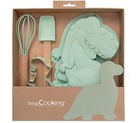 SCRAP COOKING - Coffret Pâtisserie Dinosaure pour Enfants - Coffret Cadeau 4 Ustensiles : Fouet, Cuillère, Moule & Découpoir - Bois, Silicone & Inox - Pour Gâteaux, Biscuits Dinos - 1134