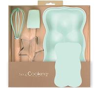 SCRAP COOKING - Kit Pâtisserie Enfant Ourson - Coffret Cadeau 4 Ustensiles : Fouet, Cuillère, Moule & Découpoir - Bois Silicone & Inox - Moule à Gâteau Enfant - Cuisine Biscuit - 1139