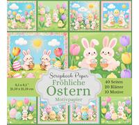 Scrapbook Papier Kollektion - Fröhliche Ostern: Niedliches Motivpapier mit Hasen, Küken und Tulpen, Quadratisch, 21,59 x 21,59 cm, als Hintergrund und ... für Oster Deko, DIY Geschenke & Junk Journals
