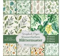 Scrapbook Papier Kollektion Wasserfarben Blättermuster: Botanisches Motivpapier mit Eukalyptus, Farnen und Monstera, Quadratisch 21,59 x 21,59 cm, 20 ... Ausschneiden für Junk Journals und Collagen