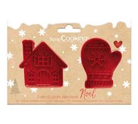 ScrapCooking - 2 Découpoirs avec Éjecteurs Noël - Moufle & Maison - Découpoirs à Biscuits en 3D - Embosseur Pâtisserie pour Sablés, Petits Gâteaux - Rouge - 2147