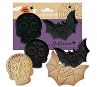 ScrapCooking - 2 Découpoirs Éjecteurs Halloween - Calavera & Chauve Souris - Découpoirs à Biscuits en 3D - Embosseurs Pâtisserie - Tête de Mort Mexicaine - Emporte-Pièces - 2142