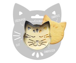 ScrapCooking - Kit Découpoir + Embosseur Bois Chat - Emporte-Pièce en Inox pour Biscuits en Relief - Moule Accessoires Pâtisseries Sablés - 2093