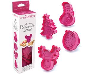 ScrapCooking - Kit Je Fais mes Biscuits de Noël - 4 Découpoirs Emporte-pièces en 3D avec Poussoirs : Bonhomme de Neige, Boule de Noël, Renne, Sapin - Moules Pâtisserie Plastique avec Éjecteurs - 2031