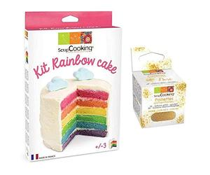 SCRAPCOOKING - Kit Rainbow Cake + Paillettes Alimentaires Dorées - Coffret Gâteau Arc-En-Ciel A Faire Soi-Même - DIY Pâtisserie Facile - Gâteau à 6 Étages Colorés