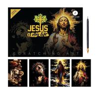 Scratch Art - Kit de peinture à gratter Jésus - Planche à gratter | Activité de dessin de gravure créative, représentation des couleurs de cartes d'art avec stylo pour adultes, enfants