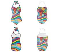 SCRAWLGOD Maillots de bain une pièce pour femmes et filles - Maillot de bain assorti pour mère et fille, Fleurs arc-en-ciel, XXL