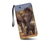 SCRAWLGOD Portefeuille personnalisé pour femme avec fermeture éclair autour du sac à main en cuir PU, Éléphant Tournesol