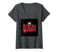 Scream Queen : royauté effrayante d'halloween pour Les Fans d'horreur T-Shirt avec Col en V, Femme, Chiné Foncé, XXL