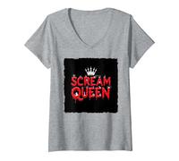 Scream Queen : royauté effrayante d'halloween pour Les Fans d'horreur T-Shirt avec Col en V, Femme, Gris Chiné, M