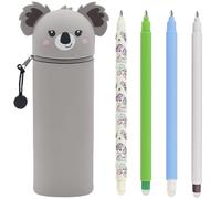 Scribbelfein Kawaii Étui École 2 en 1 en Silicone Souple + 4 Stylos Effaçables Multicolores - Tigre, Porte-Plume Étanche avec Fermeture Éclair, Set de Fournitures pour École, 0,7 mm (2)