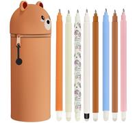 Scribbelfein Kawaii Étui École 2 en 1 en Silicone Souple + 4 Stylos Effaçables Multicolores - Tigre, Porte-Plume Étanche avec Fermeture Éclair, Set de Fournitures pour École, 0,7 mm (6)