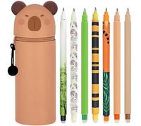 Scribbelfein Kawaii Étui École 2 en 1 en Silicone Souple + 7 Stylos Effaçables Multicolores - Tigre, Porte-Plume Étanche avec Fermeture Éclair, Set de Fournitures pour École, 0,7 mm