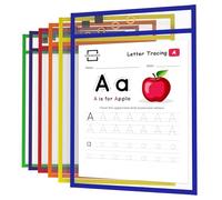 Scribbledo Lot de 6 pochettes réutilisables effaçables à sec avec porte-marqueur, pochettes colorées pour l'école ou le travail, protections de feuilles et porte-tickets de couleurs assorties