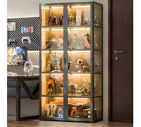 Scribora Vitrine avec porte en verre acrylique, vitrine Curio à 5 niveaux, pour objets de collection, bibliothèque pour chambre à coucher, coin lecture, chambre de tout-petit, bambou (porte folio gris