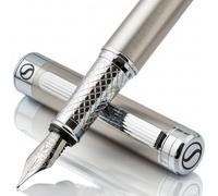 Scriveiner Stylo Plume en Acier Inoxydable - Superbe stylo de luxe avec finition en acier, plume acier Schmidt (moyenne), meilleur coffret cadeau pour homme et femme, professionnel, bureau, beaux