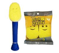 Scrub Daddy Dish Daddy Brosse Vaisselle avec Reservoir + 2 Têtes de Rechange, Eponge Vaisselle Grattante FlexTexture, Manche Intégré avec Distributeur Liquide Vaisselle, Brosse Eponge, Support - Bleu