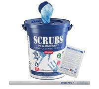 SCRUBS in a Bucket - Lot de 72 lingettes nettoyantes pour les mains - Nettoyant pour les mains avec autorisation NSF - Le nettoyage parfait des mains - Avec 1 crayon DEWEPRO® et 1 lot de gommages
