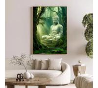 Sculpture abstraite rétro représentant une statue de Bouddha lotus dans la forêt - Affiche, peinture sur toile, impression d'art, décoration murale pour la maison ou la chambre (70 x 100 cm)