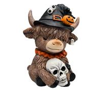 Sculpture artistique de vache haute terre d'Halloween avec tête de mort et citrouille en résine - Décoration festive - Plateau à étages - Cadeau - Vache haute terre avec figurine chapeau de sorcière
