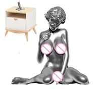 Sculpture de fille, sculpture de déesse | Déesse agenouillée argentée en résine - Statue de corps féminin, design finition bronzée, statue féminine nue à genoux, sculpture d'art érotique, art ange fem