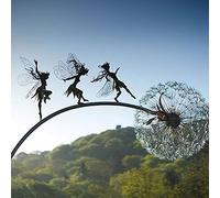 Sculpture de jardin en métal avec fleur de pissenlit dansant et elfe