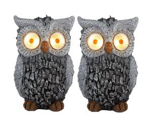 Sculpture de jardin hibou solaire pour l'extérieur sculpture de figurine de décoration de jardin batterie grise, plastique, 2x LED 3000K, LxlxH 13,5x11,5x19,5 cm, lot de 2