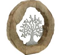 Sculpture décorative Arbre de vie dans un anneau de bois Bois naturel & métal argenté, Salon Décoration de table Moderne, 22cm