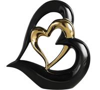 Sculpture décorative double cœur en céramique blanche ou noire avec détails dorés - symbole d'amour moderne pour la maison, le salon, la chambre à coucher ou le cadeau romantique - 21 x 6,5 x 22 cm