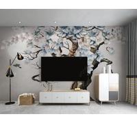 Sculpture En Relief Grand Arbre Feuilles Oiseaux En Vol Lune Papier Peint 3D Installation Facile Intissé Tapisserie Bureau Salon Canapé Chambre Décoration Murale-150cm×105cm