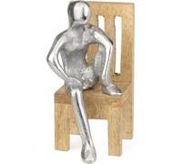 Sculpture faite à la main Figure en aluminium sur chaise en bois - Figure décorative moderne - 13 cm de hauteur, 6,5 cm de largeur, 9 cm de longueur - Accessoire d'intérieur stylé pour chaque pièce