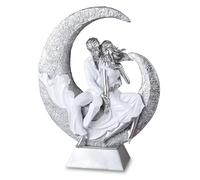 Sculpture moderne et exclusive couple amoureux sur la Lune en céramique blanche/argentée hauteur 40 cm