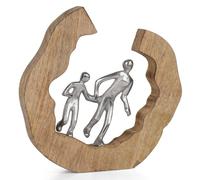 Sculpture moderne père avec enfant en aluminium sur socle en bois de manguier - 24,5 x 3,5 x 24,5 cm - Main dans la main - Sculpture décorative famille - Figurine décorative moderne