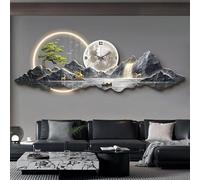 Sculpture murale 3D avec lumière LED et horloge - Paysage chinois traditionnel en métal pour salon, chambre à coucher, couloir