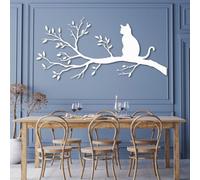 Sculpture Murale En Métal Représentant Un Chat Sur Une Branche Décoration Murale Animalière pour Salon Chambre Salle de Bain Jardin (Blanc 76 X 37 cm)