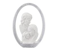 Sculpture Sainte Famille en Résine avec Cadre Ovale Émaillé Argent - Statue Religieuse Décorative, Icône Sacrée Murale ou Appui, Idée Cadeau Baptême et Communion