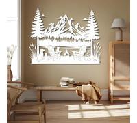 Sculptures Murales En Métal Décoration Murale Nature Sur Le Thème Du Camping de La Montagne Et de La Forêt pour Salon Chambre Ou Chalet (Blanc 70 X 54 cm)