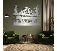 Sculptures Murales En Métal Décoration Murale Nature Sur Le Thème Du Camping de La Montagne Et de La Forêt pour Salon Chambre Ou Chalet (Argent 80 X 62 cm)