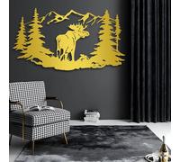 Sculptures Murales En Métal Représentant Un Élan Et Un Cerf Décoration Murale En Métal Sur Le Thème de La Montagne Et de La Forêt pour Salon Chambre Ou Bureau (Or 47 X 26 cm)