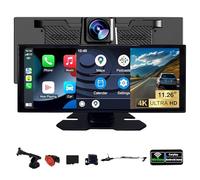 SCUMAXCON Support Voiture avec Écran 11,26 Pouces -Compatible CarPlay/Android Auto/Airplay,Cadre argenté,Installation sur Surface Courbée 0-15°,Caméra de Recul 4K 1080p,BT,FM,Stable et Antidérapant