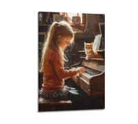 SDAEWUBB Poster décoratif sur toile représentant une fille et un chat jouant du piano - Poster mural moderne pour chambre à coucher - 60 x 90 cm