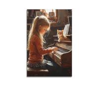 SDAEWUBB Poster décoratif sur toile représentant une fille et un chat jouant du piano - Poster mural moderne pour chambre à coucher - 60 x 90 cm