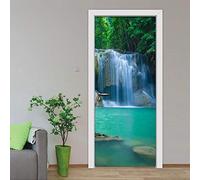 SDALD Sticker Porte Effet 3D - Autocollant De Porte Trompe L'Oeil - 77X200cm - Paysage De Cascade De Forêt Verte Papier Peint - Auto-Adhésif Stickers Muraux -Chambre Salon Cuisine Poster De Porte Déco