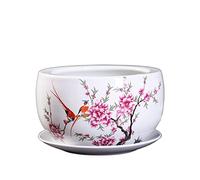SdaryWare Jardinière en céramique Blanche, Pot de Fleurs Rond de Style Chinois avec Soucoupe, Motif Cerisier Rose et Oiseau, Pot décoratif pour Plantes d'intérieur, décoration de Table,25 * 14CM
