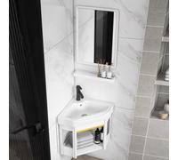 SdaryWare Meuble de Salle de Bain d'angle avec lavabo et Miroir Mural, bac à Linge Flottant Moderne, étagère de Rangement, Armoire d'angle étroite, Station de l