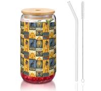 SDEGTHO Ancient Egypt Tribe Series Verres à boire mignons avec paille en verre 473,6 g pour bière, café glacé, whisky