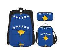 SDEGTHO Ensemble de 3 sacs à livres Drapeau du Kosovo comprenant un sac à dos, une boîte à déjeuner et une trousse à crayons, Noir , Taille unique