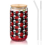 SDEGTHO Halloween Skull 1 Impression Mignon Verres à boire avec paille en verre 473,6 g pour bière café glacé Whisky Cadeau